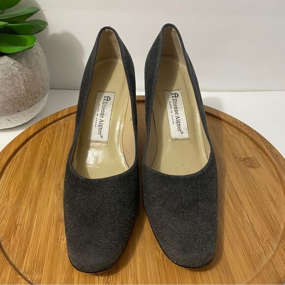 Etienne Aigner Grey Flannel Pumps Women’s 8 Vintage Silver Metallic Block Heel - Picture 3 of 8